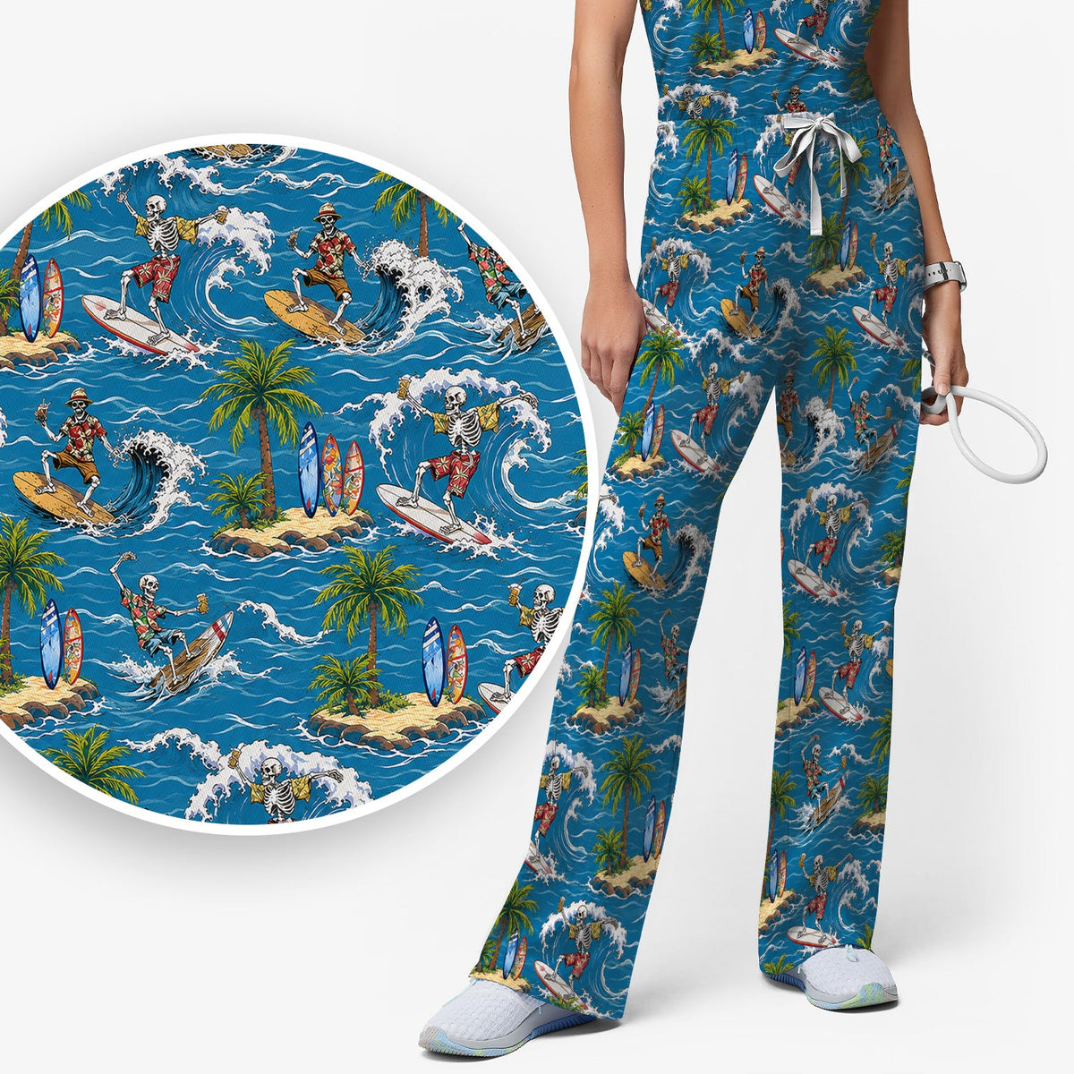 Spooky Tropical Skeleton Surfer Nurse Scrub Set