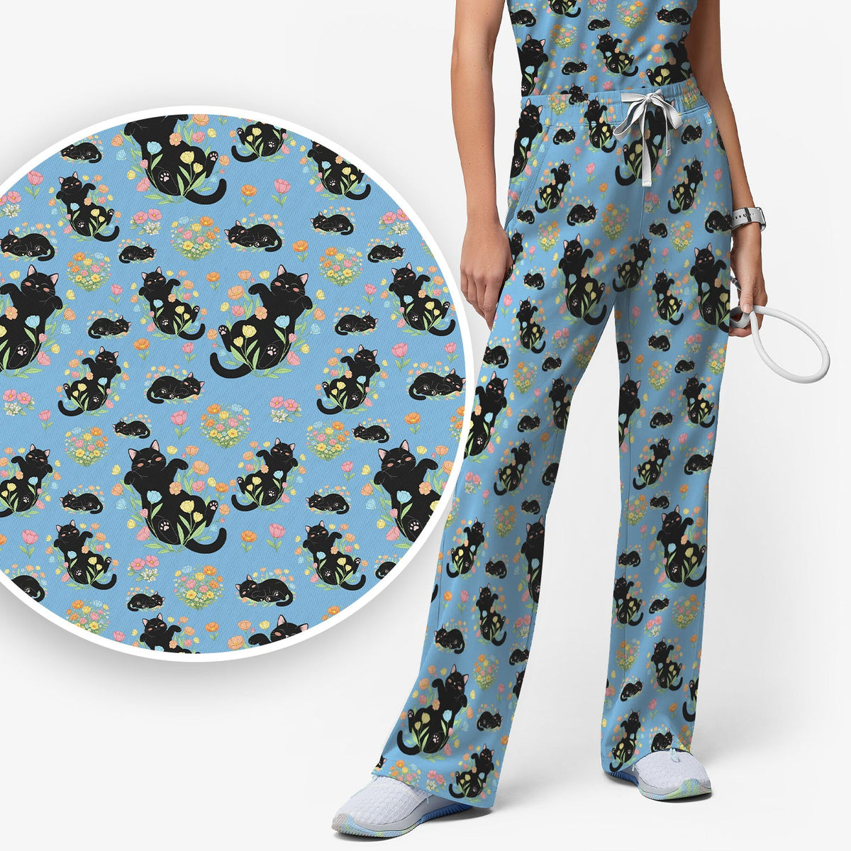 Cats Cute Poses Floral Nurse Scrub Set