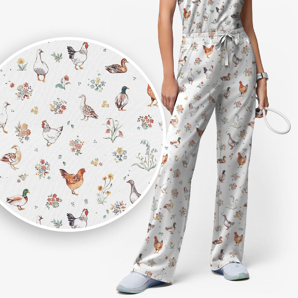 Farm Chicken Duck Floral Nurse Scrub Set