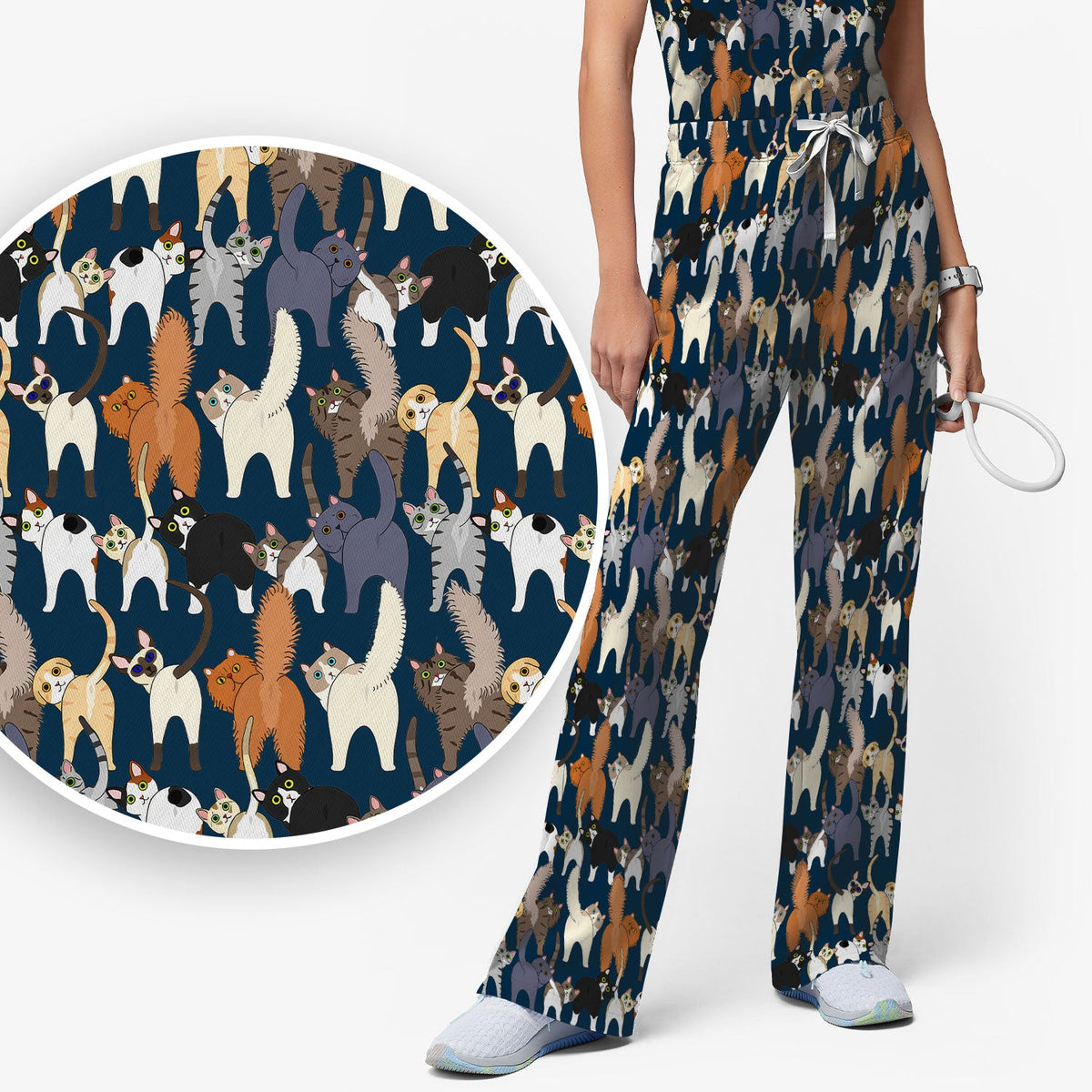 Whimsical Multicolor Cat Cartoon Nurse Scrub Set
