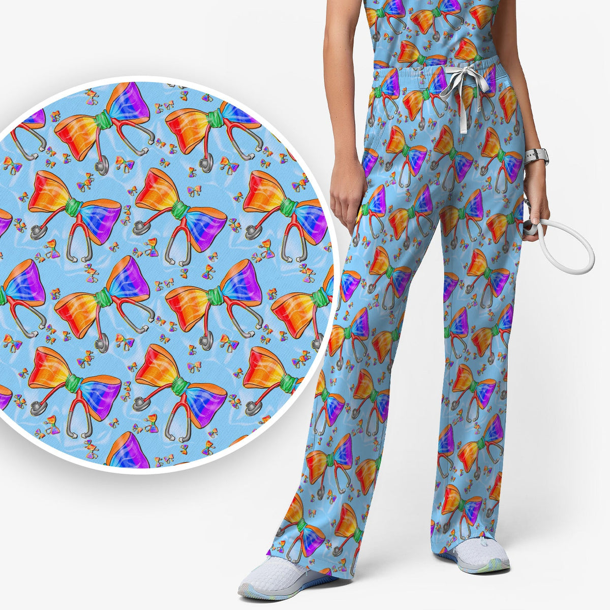 Colorful Rainbow Bow Stethoscope Nurse Scrub Set
