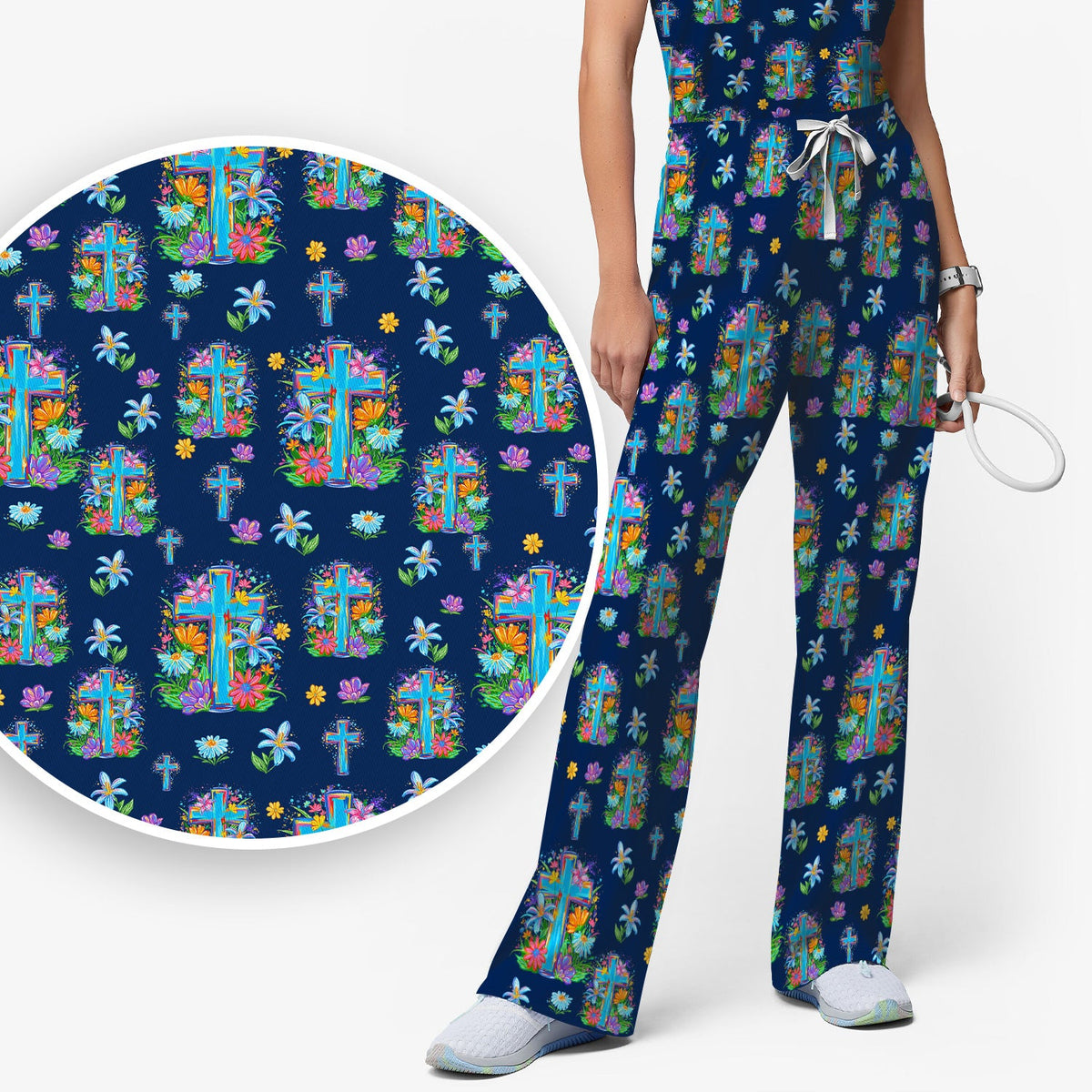 Christian Floral Cross Spring Nurse Scrub Set