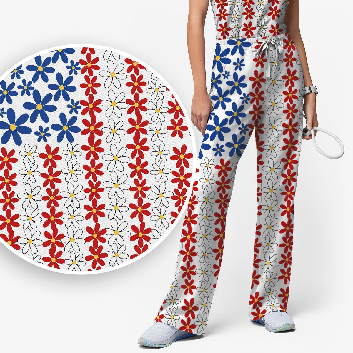 Retro Red Blue Daisy Nurse Scrub Set
