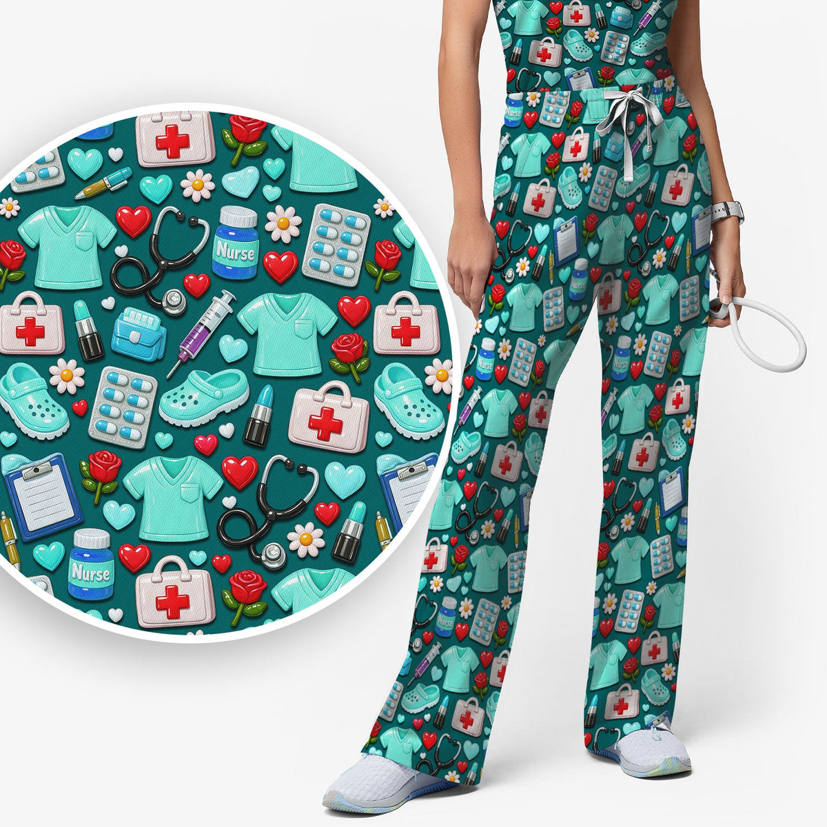 Medical Icons Scrub Set, Cute Pattern Nurse Shirt, Breathable Fabrics Nursing Uniform