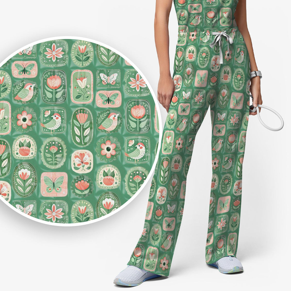 Folk Art Floral Bird Butterfly Garden Nurse Scrub Set