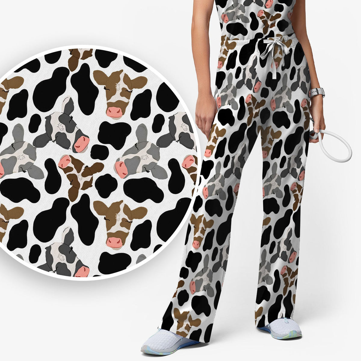 Cow Face Black White Nurse Scrub Set