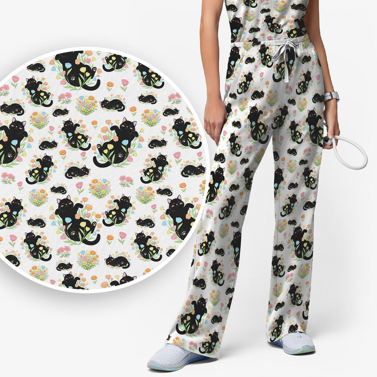 Cats Cute Poses Floral Nurse Scrub Set