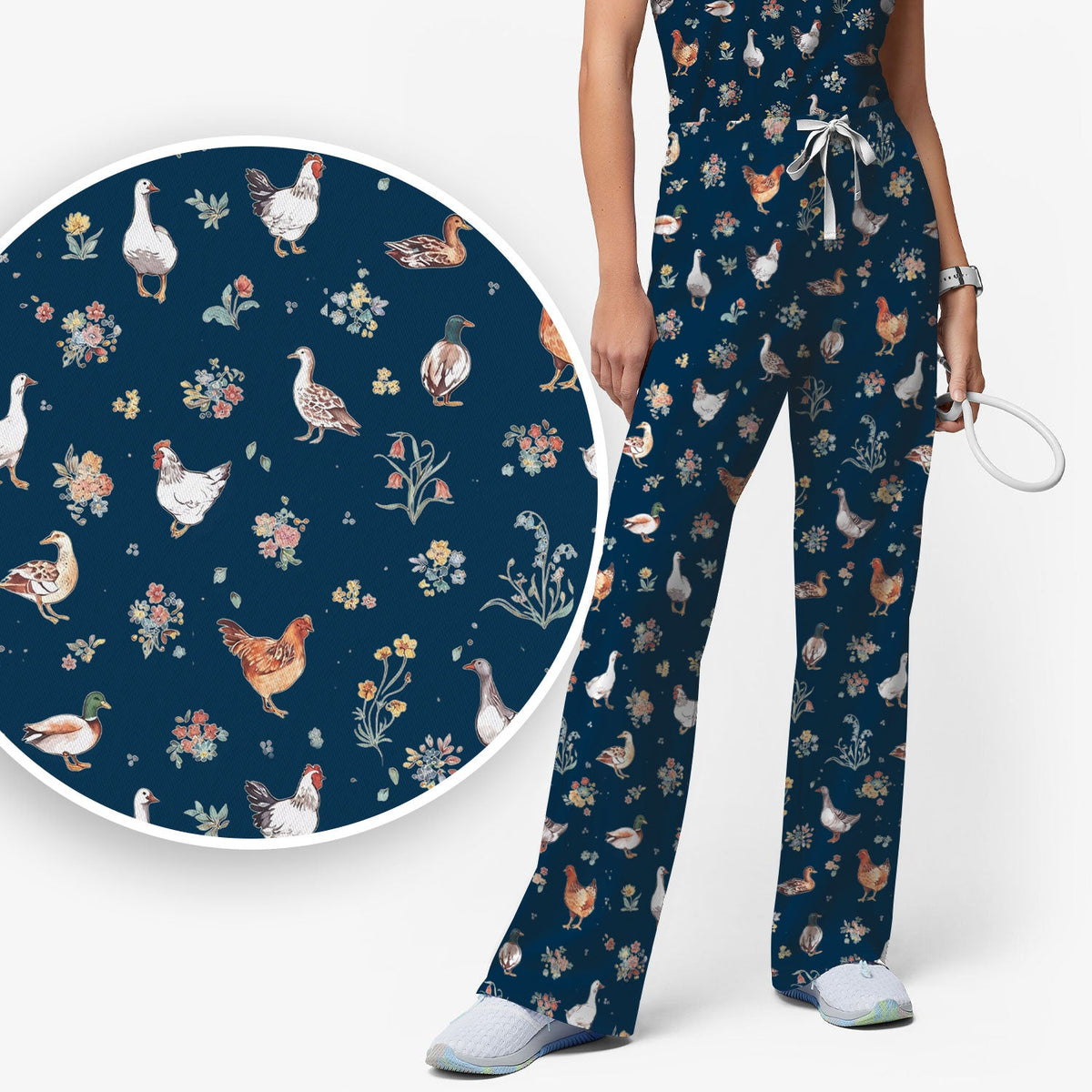 Farm Chicken Duck Floral Nurse Scrub Set