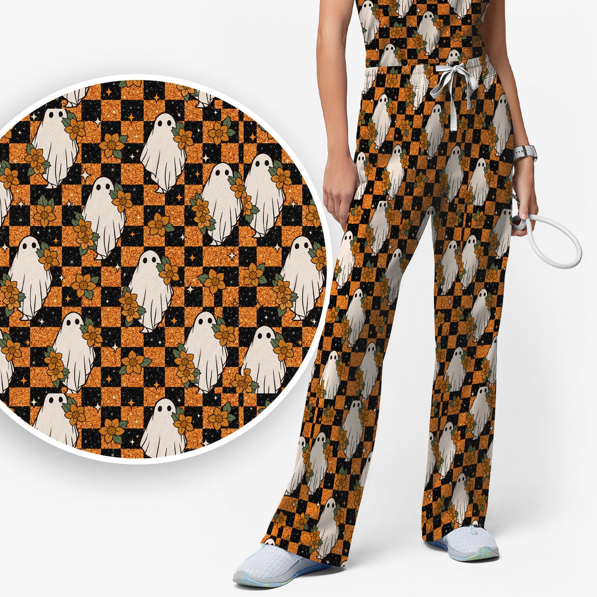 Spooky Ghost Checkerboard Nurse Scrub Set