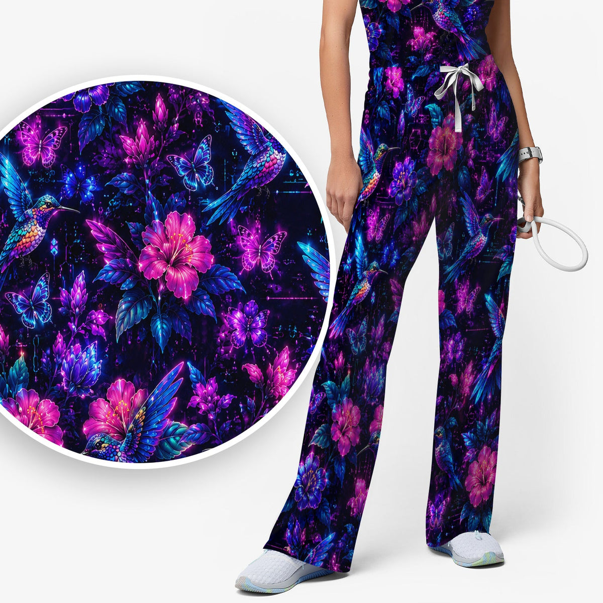 Neon Hummingbird Butterfly Bloom Nurse Scrub Set
