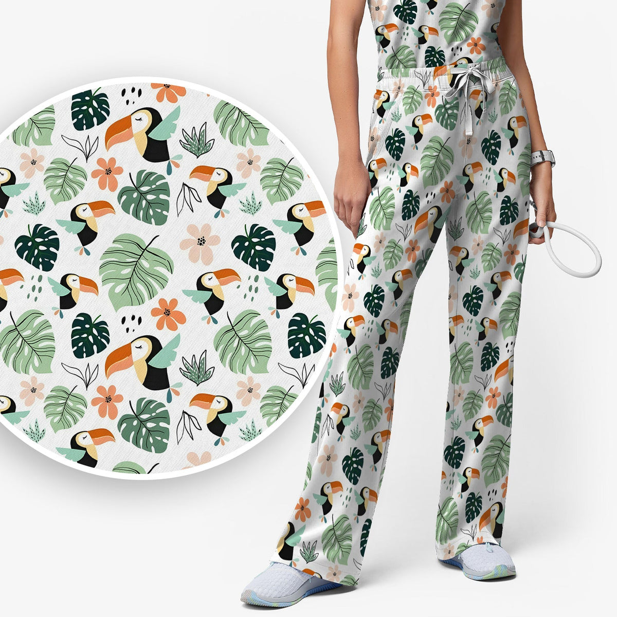 Tropical Toucan Leaf Floral Nurse Scrub Set