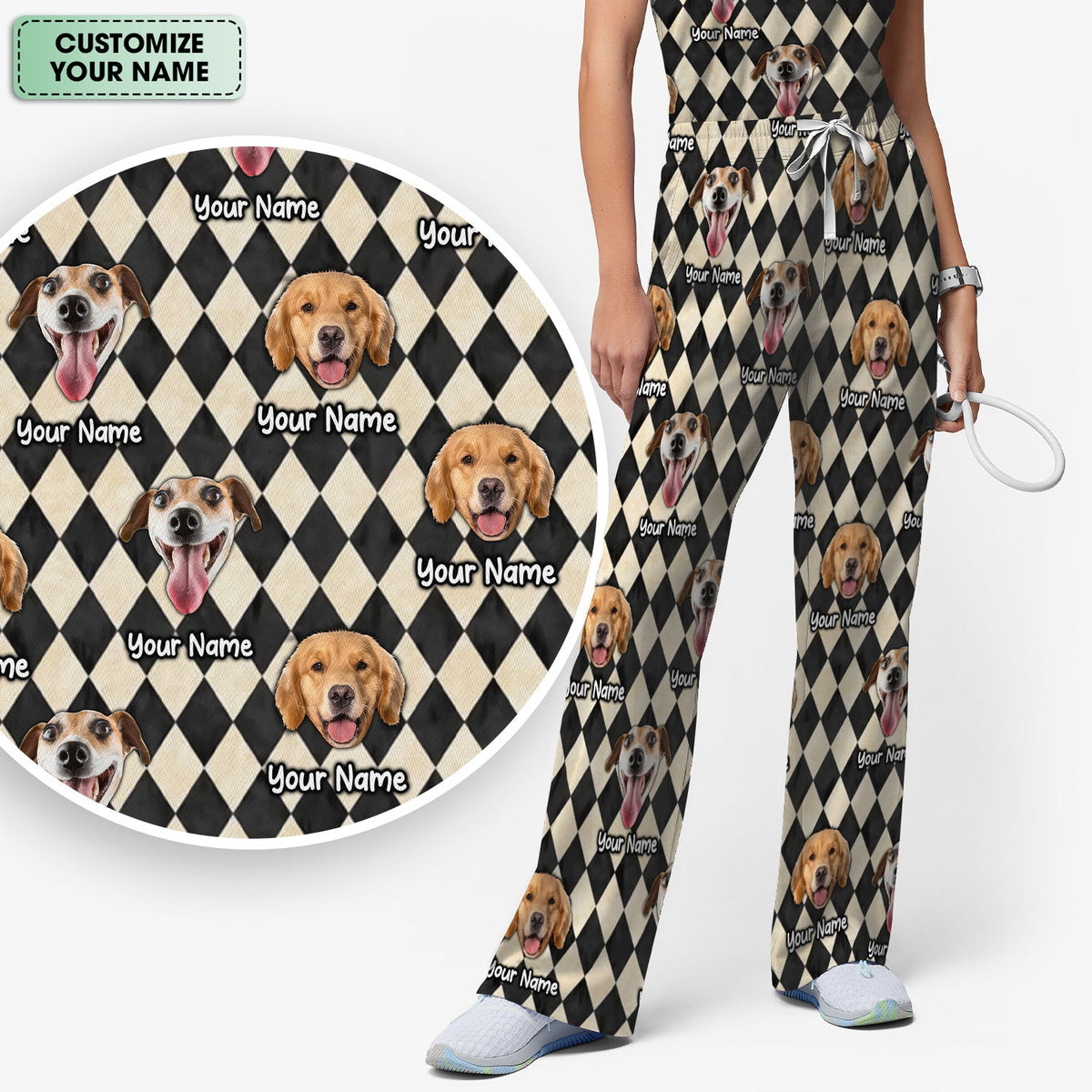 Personalized Pet Portrait Argyle Nurse Scrub Set