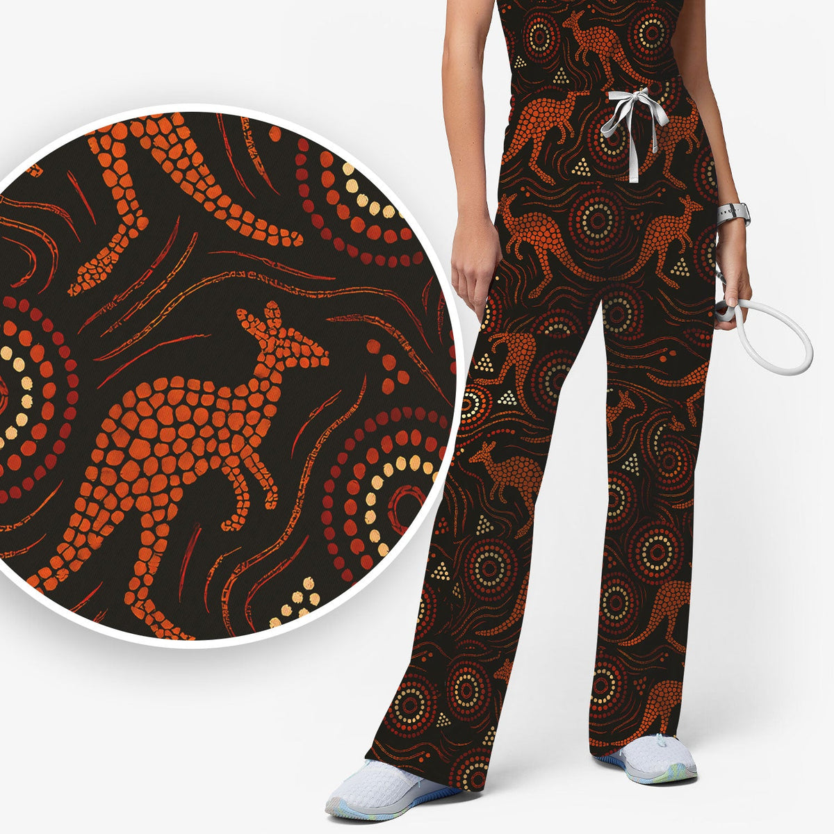 Australian Indigenous Medical Pattern Shirt, Aboriginal Dot Art Kangaroo Nurse Scrub Set,  Breathable Fabrics Nursing Uniform