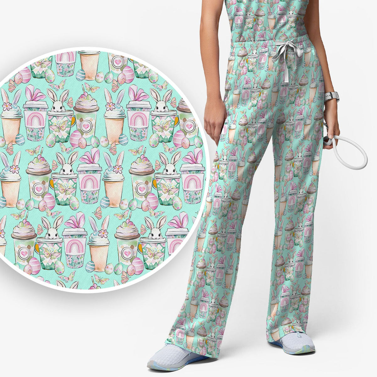 Bunny Coffee Cup Nurse Scrub Set - Easter Gift
