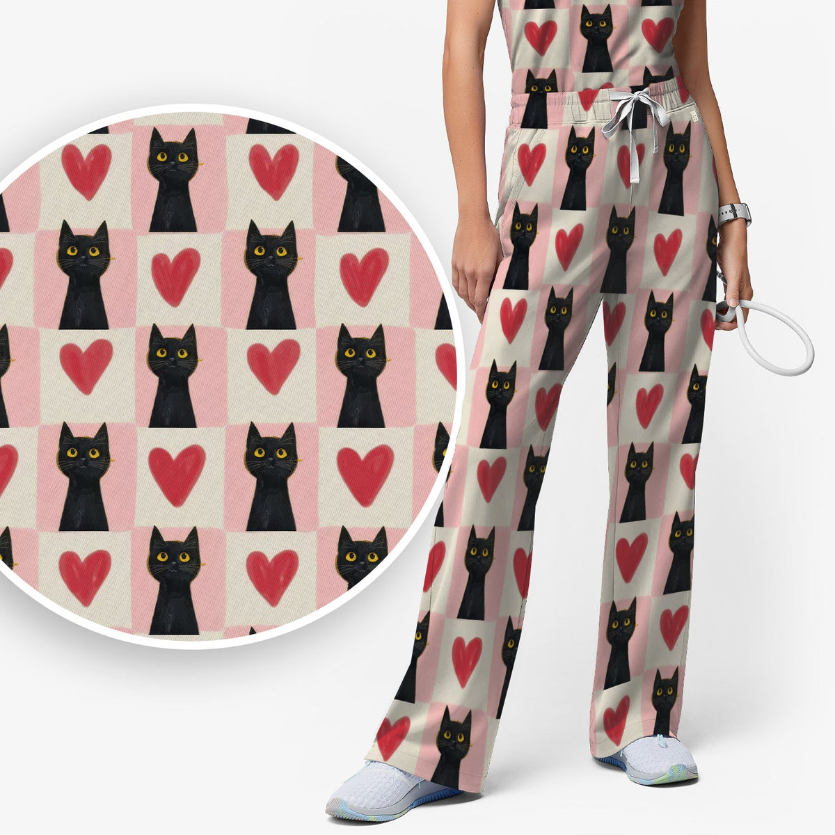 Cute Black Cat Heart Nurse Scrub Set