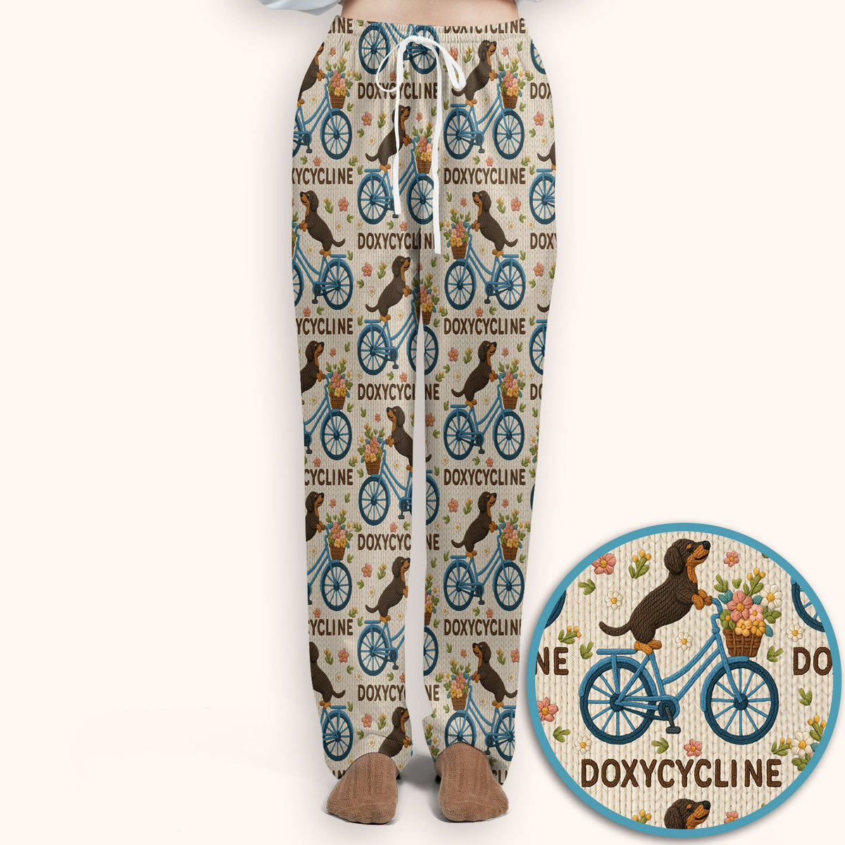 Doxycycline Pharmacy Pun Scrub Set - Dachshund on Bicycle Pharmacists Scrubs Pants and V Neck Top - Veterinary Technicians Gift