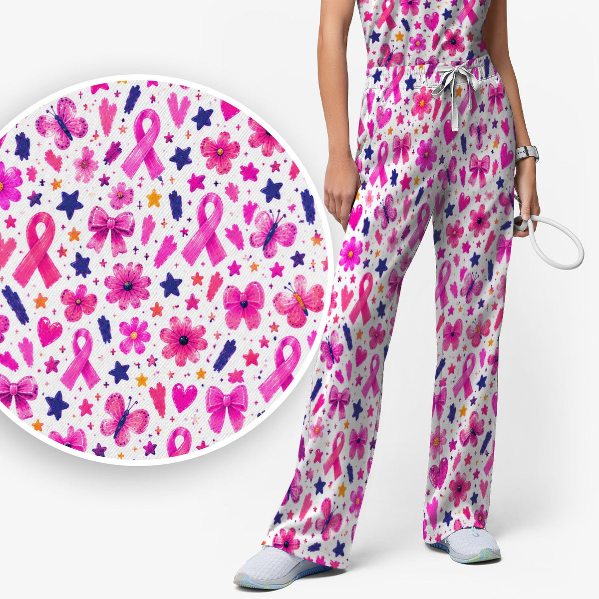 Pink Ribbon Floral Breast Cancer Nurse Scrub Set
