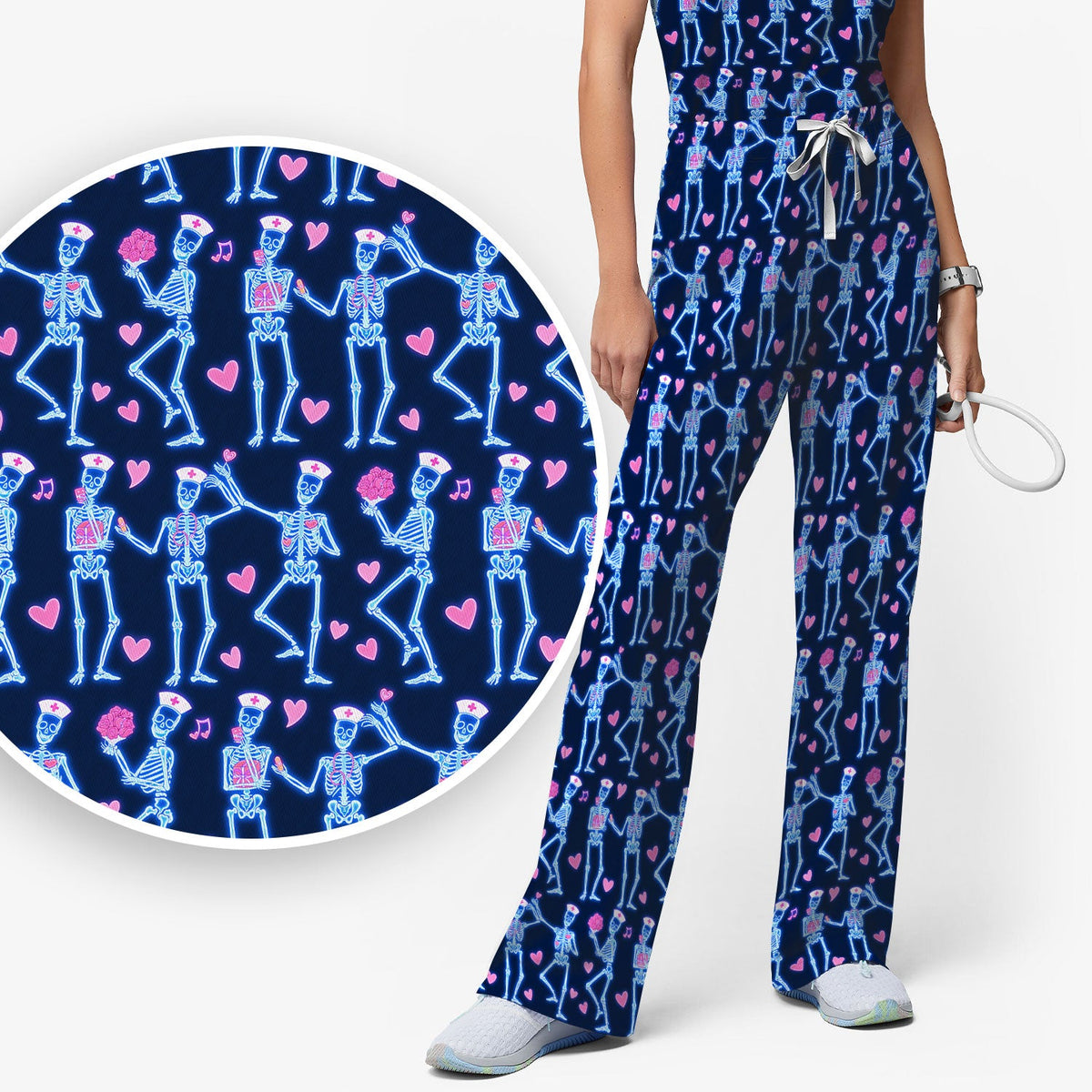 Skeleton Nurse Heart Pattern Scrub Sets, Playful Nurse Style, Scrub Pants and V Neck Top