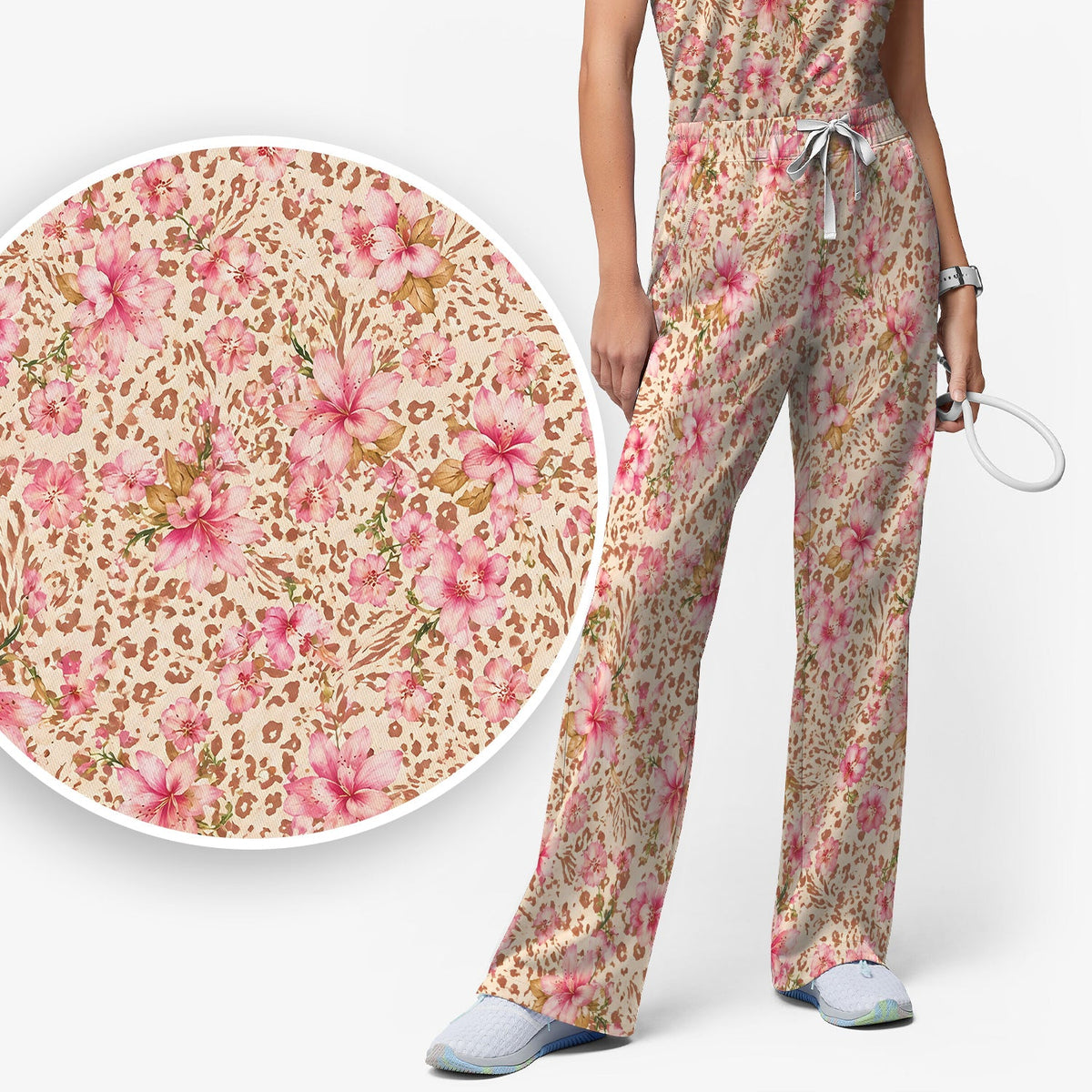 Pink Floral Leopard Nurse Scrub Set