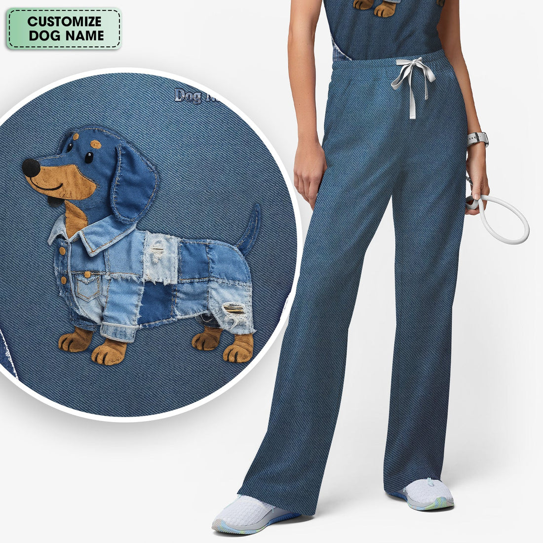 Personalized Denim Dachshund Nurse Scrub Set