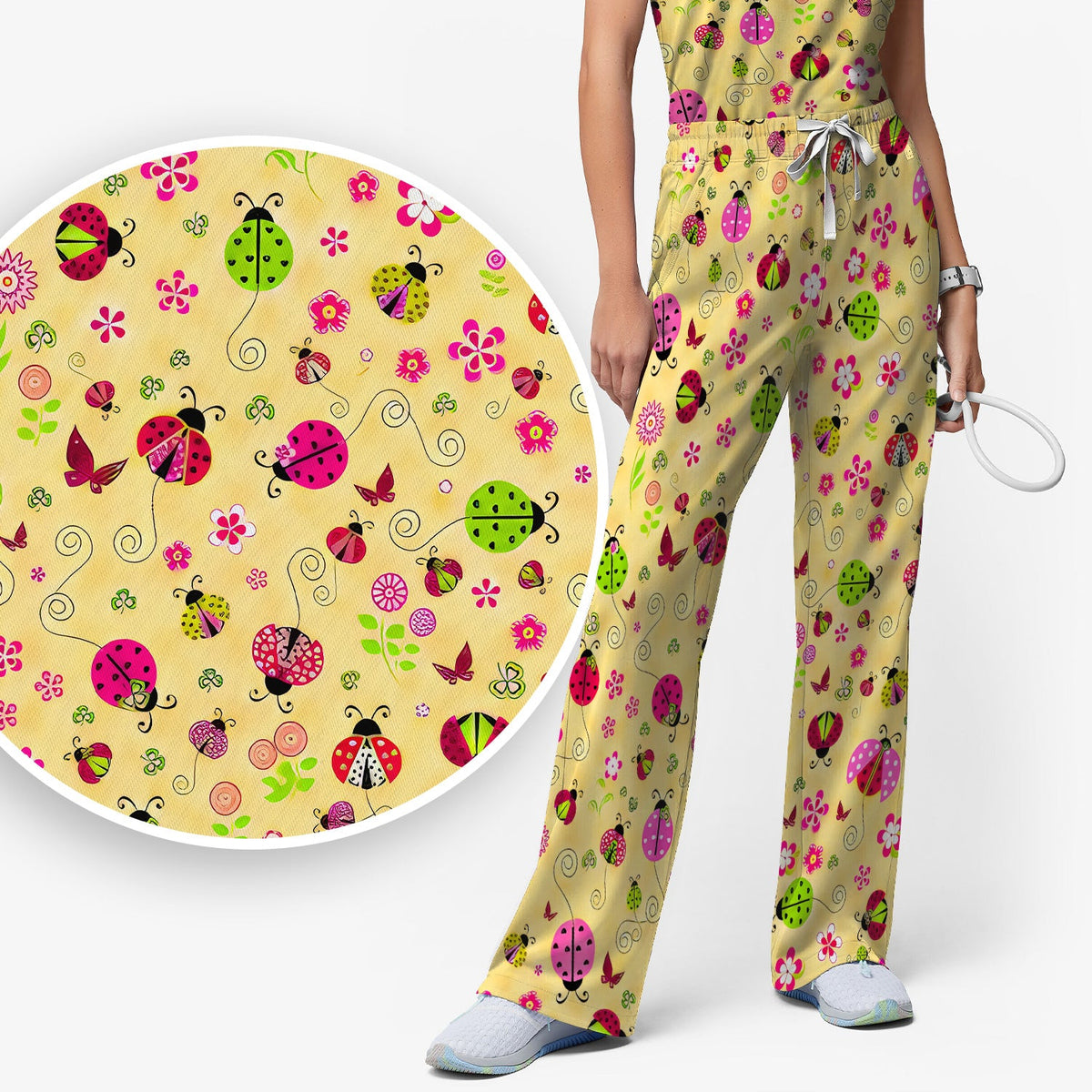 Yellow Ladybug Floral Garden Nurse Scrub Set