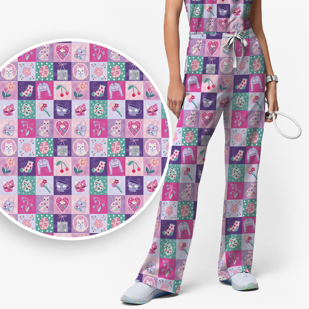 Pastel Cat Patchwork Kawaii Nurse Scrub Set