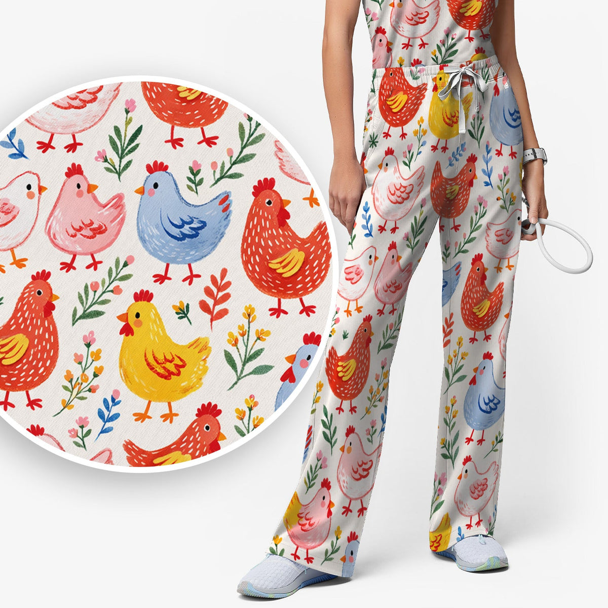 Fun Cartoon Hen Nurse Scrub Set