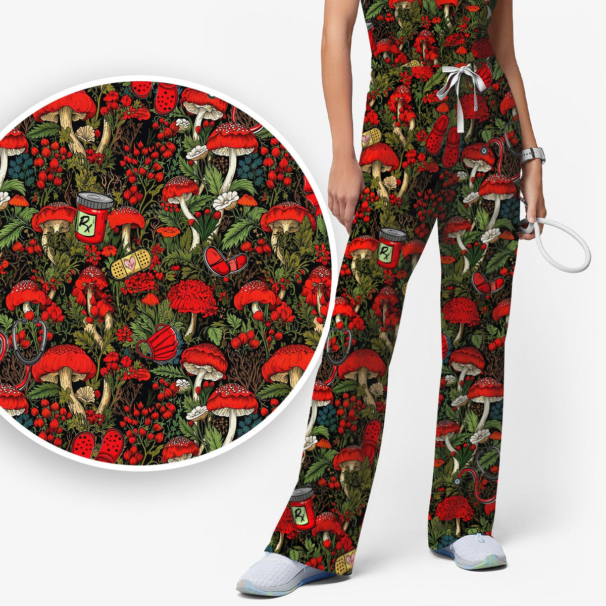 Red Mushroom Forest Nurse Scrub Set