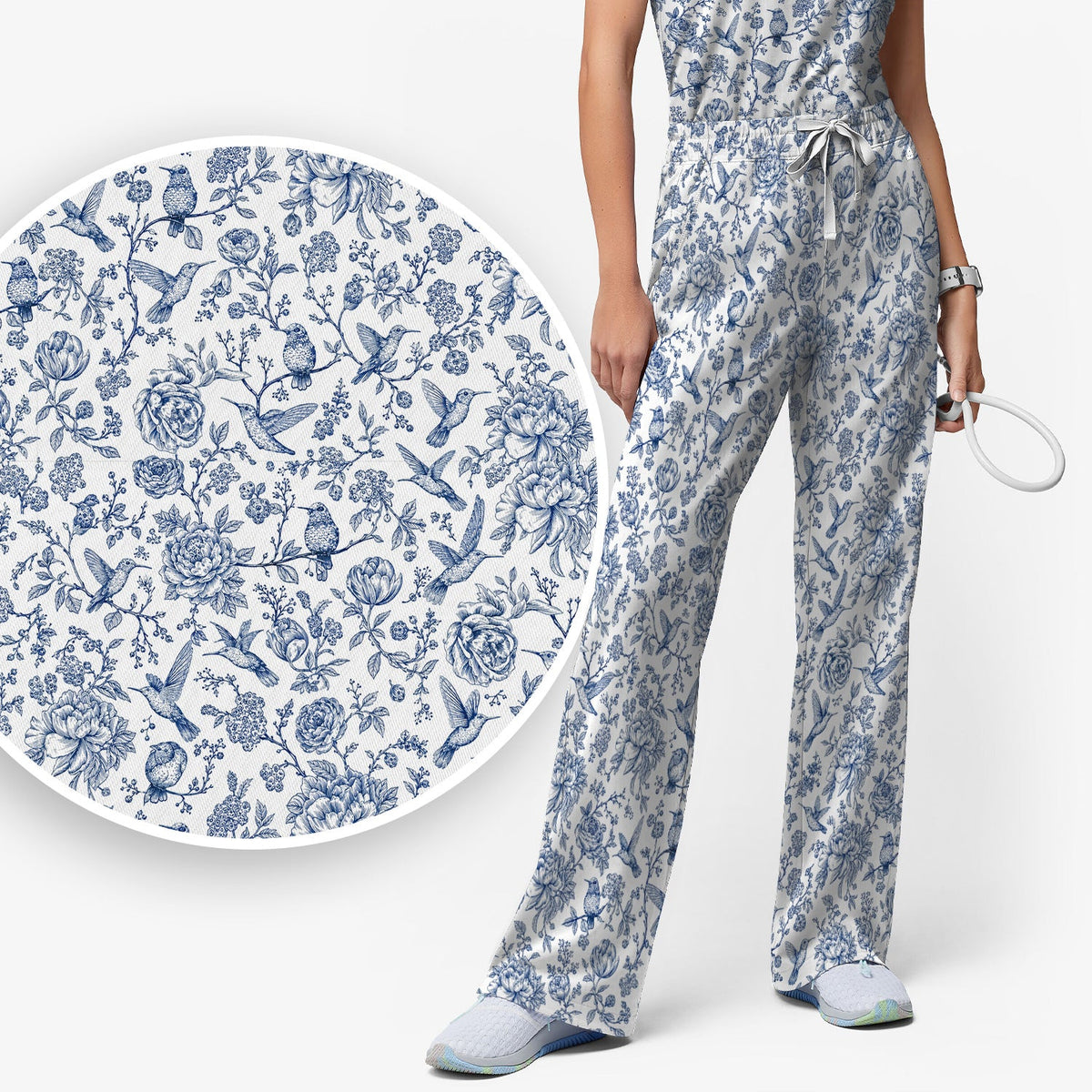 Blue Toile Hummingbird Floral Nurse Scrub Set