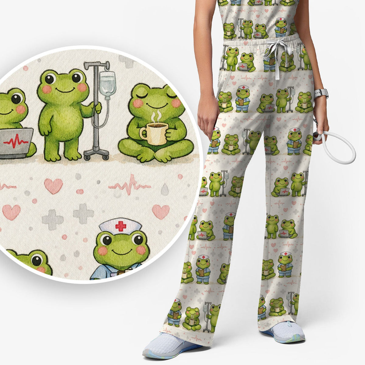 Adorable Frog Various Poses Nurse Scrub Set