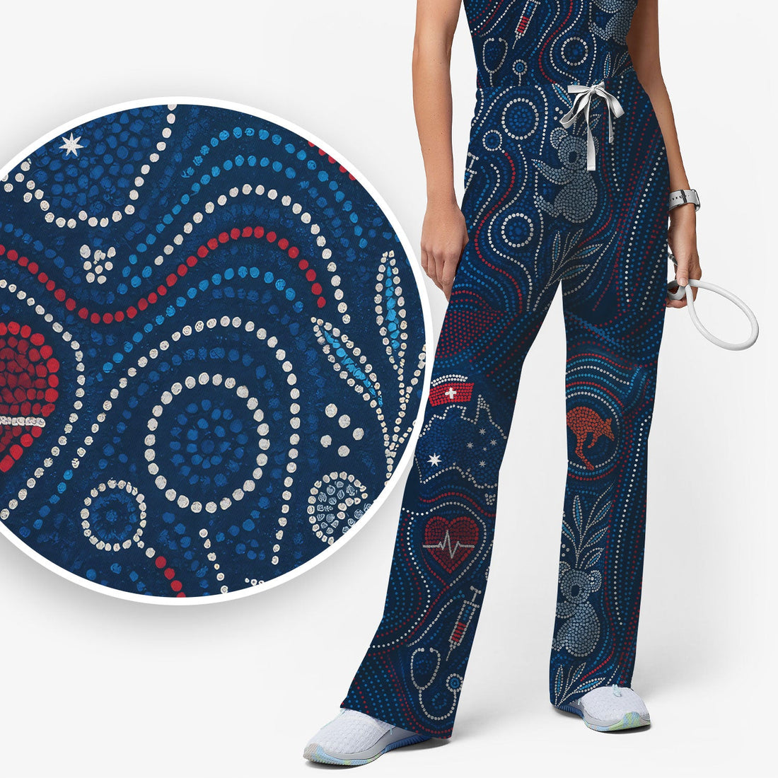 Aboriginal Dot Art Nurse Scrub Set, Australian Kangaroo With Koala Pattern Shirt,  Breathable Fabrics Nursing Uniform