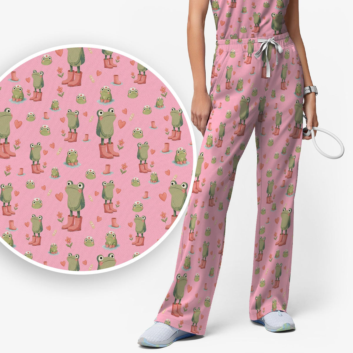 Adorable Frog Boots Heart Nurse Scrub Set