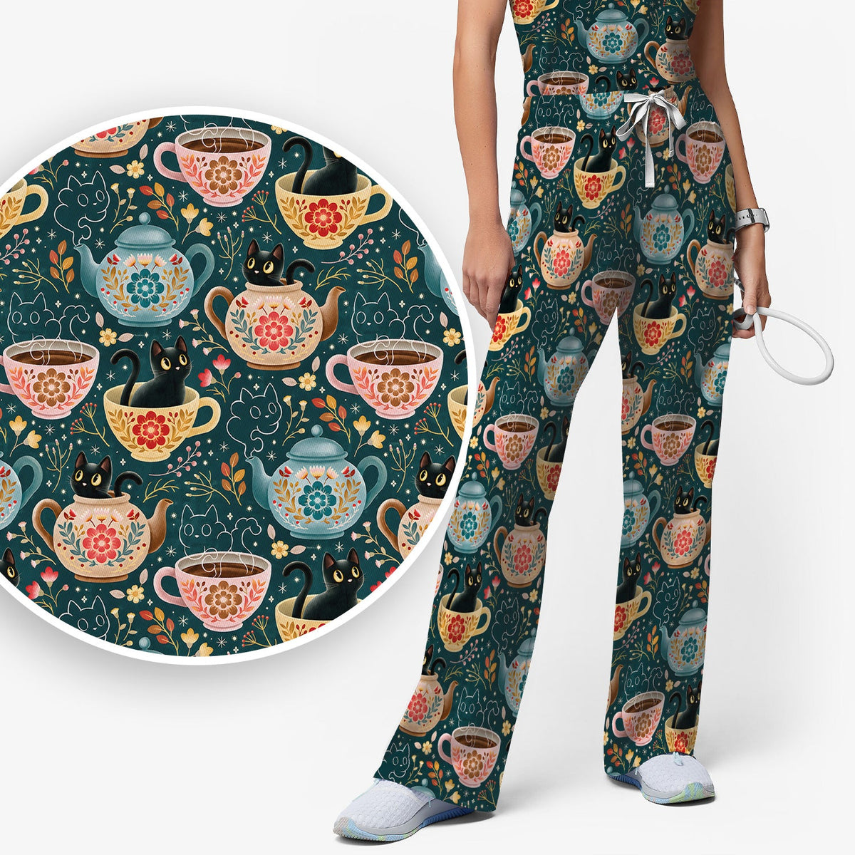 Black Cat Tea Party Veterinary Nurse Scrub Set