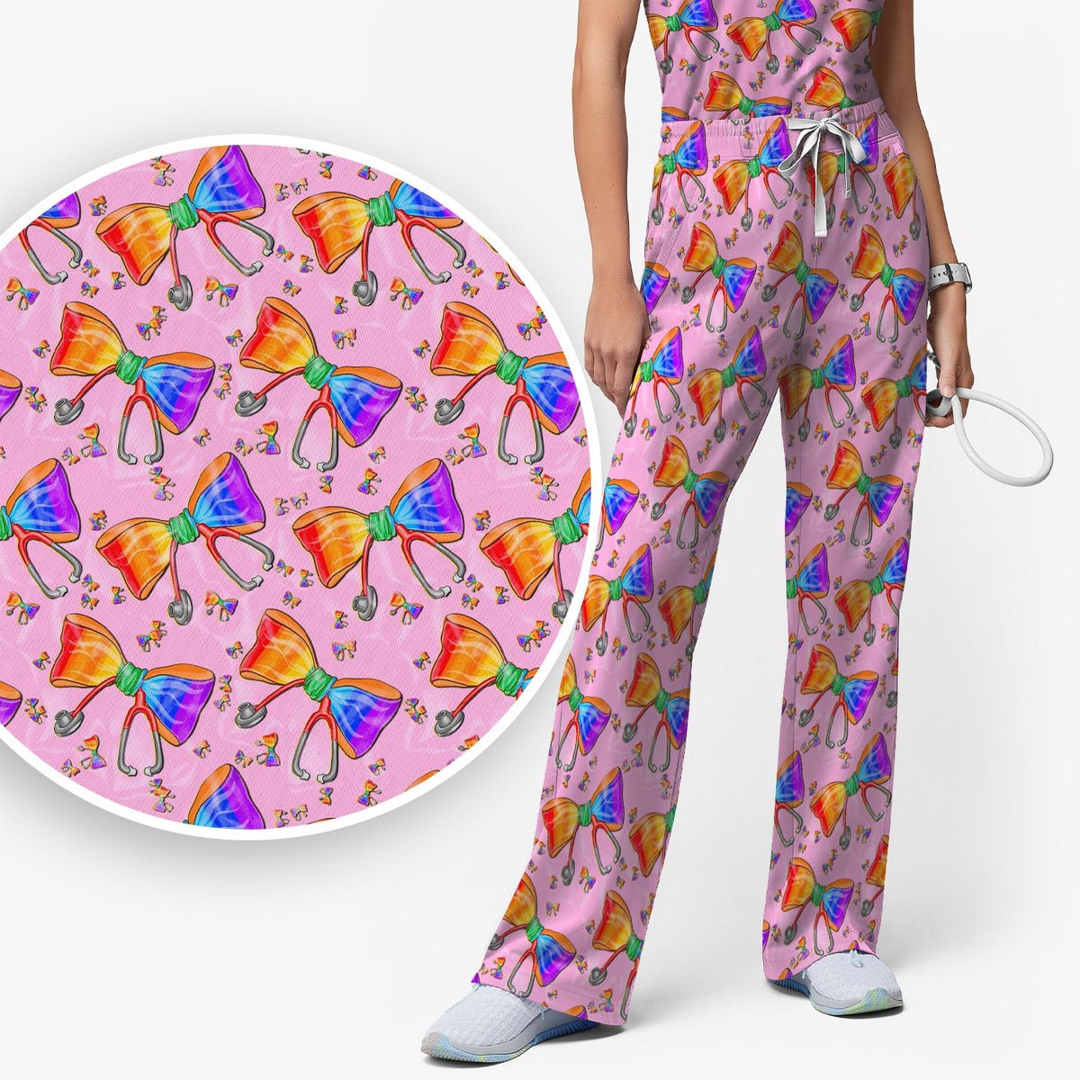 Colorful Rainbow Bow Stethoscope Nurse Scrub Set