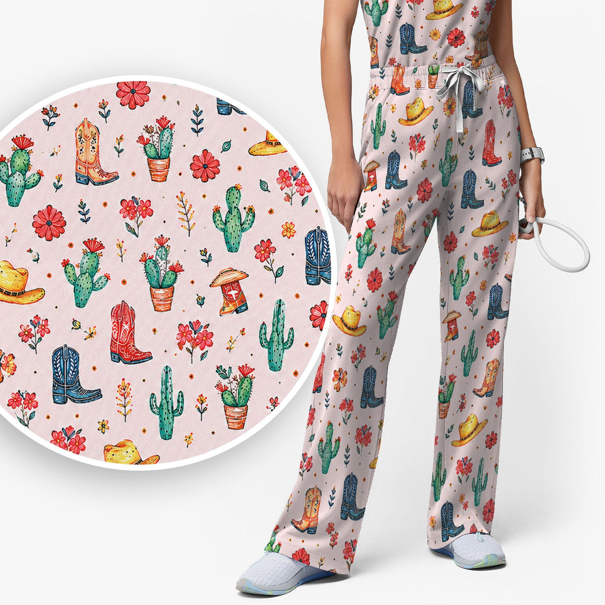Whimsical Western Cactus Boots Nurse Scrub Set