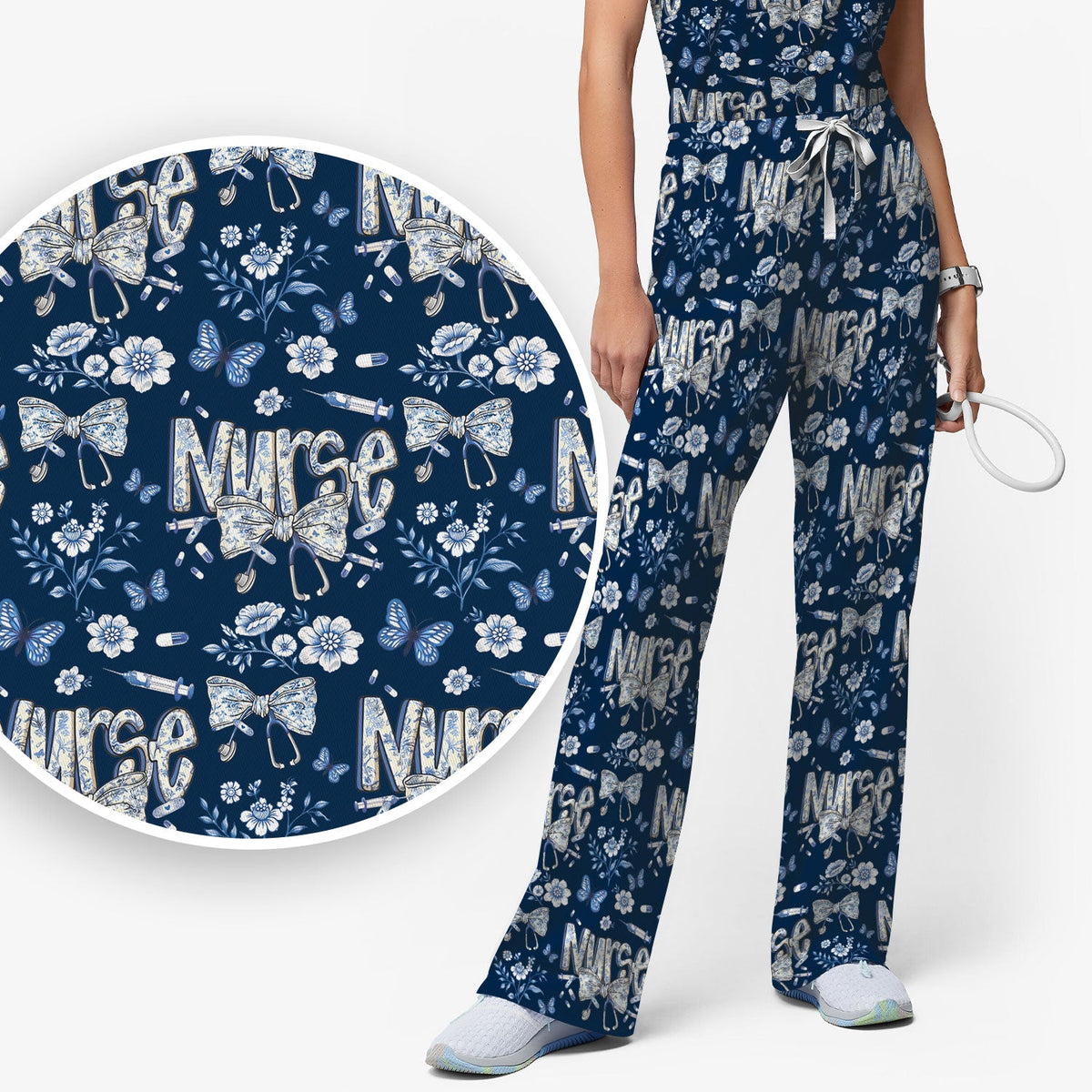 Blue Nurse Bow Butterfly Floral Scrub Set