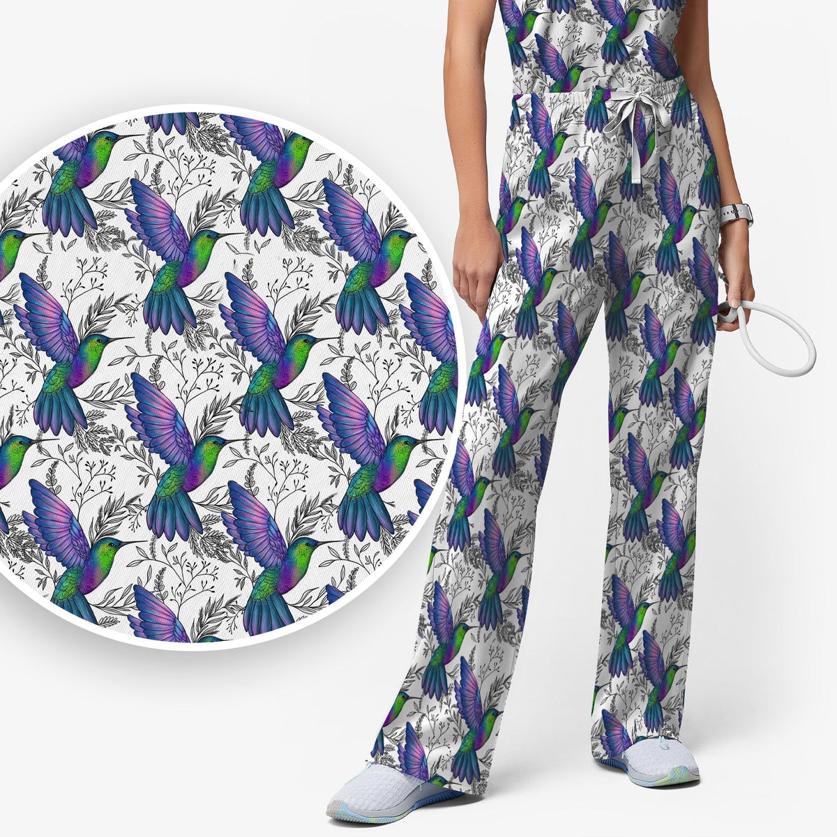 Colorful Hummingbird Botanical Nurse Scrub Set