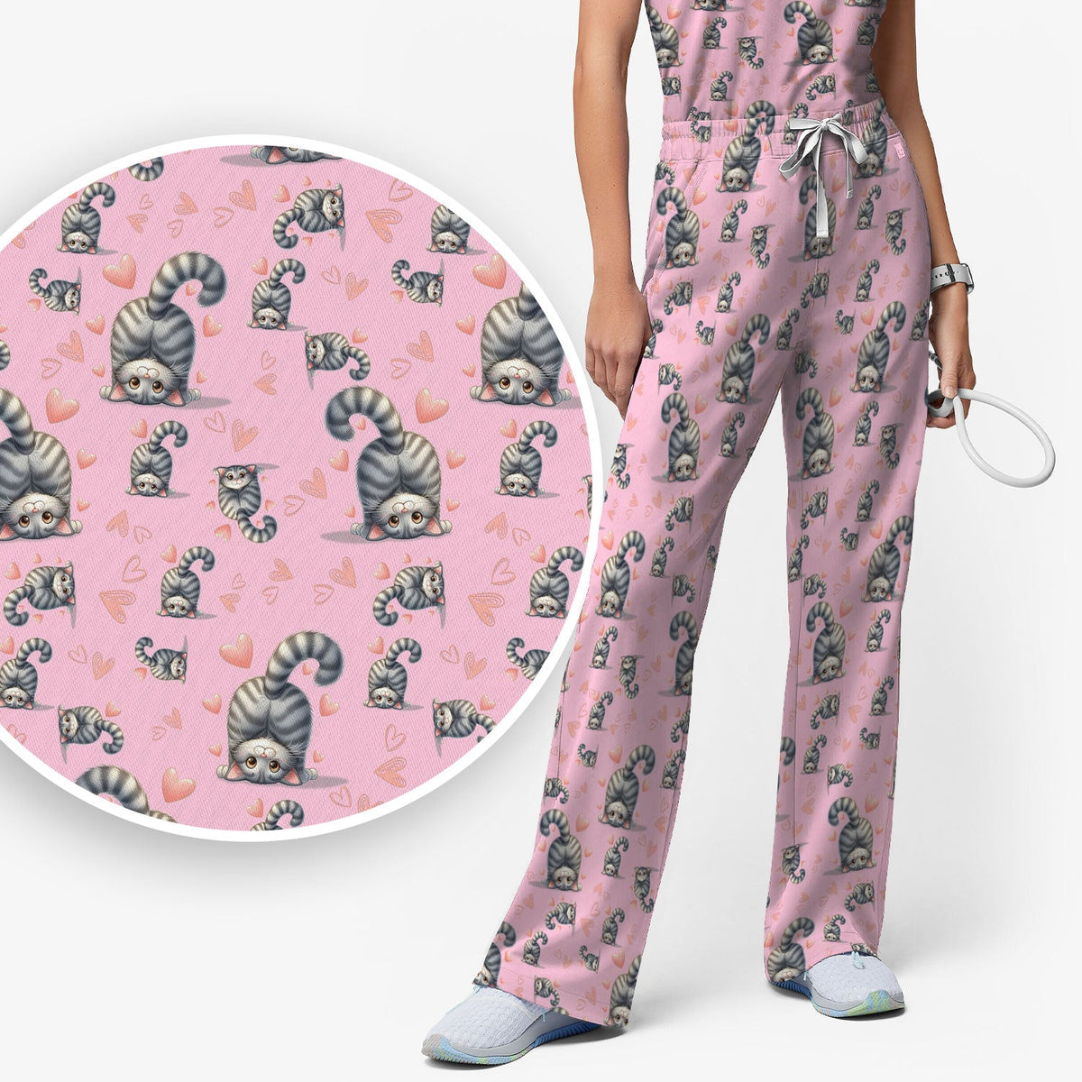 Valentine Cute Cat Heart Nurse Scrub Set