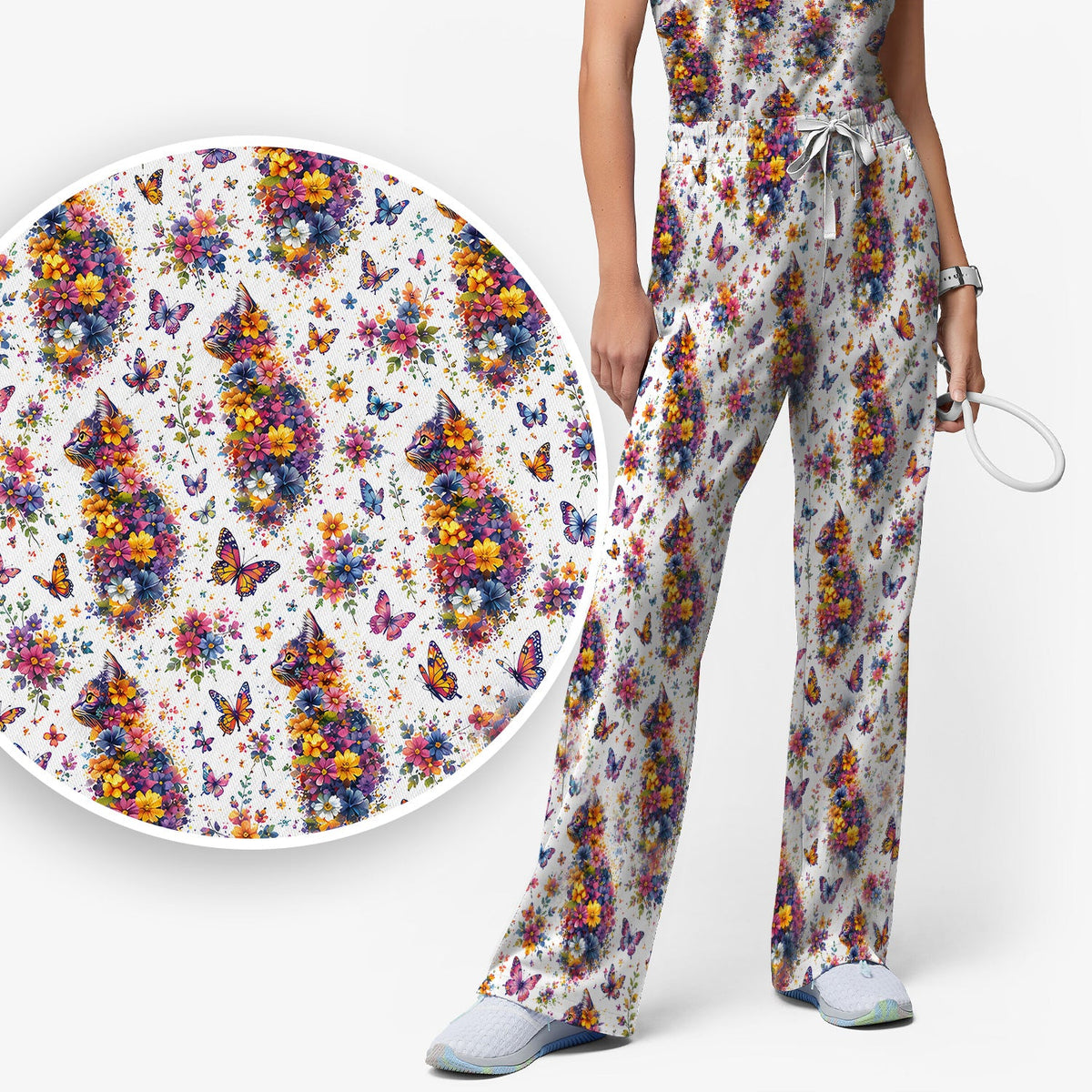 Floral Cat Butterfly Nurse Scrub Set