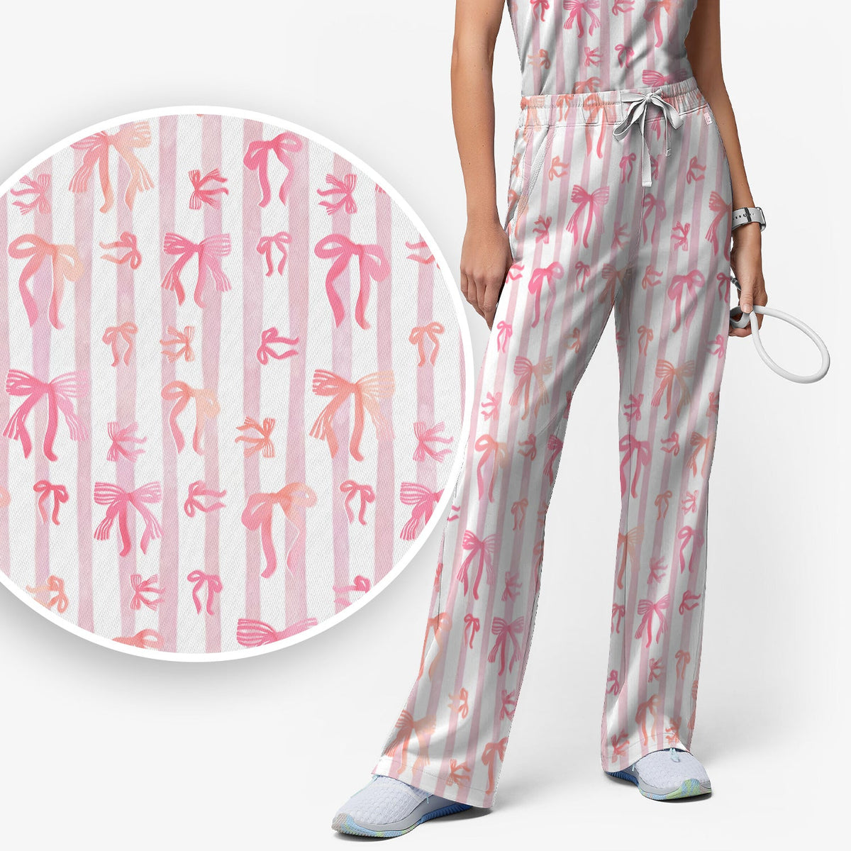 Pink Bow Stripe Nurse Scrub Set