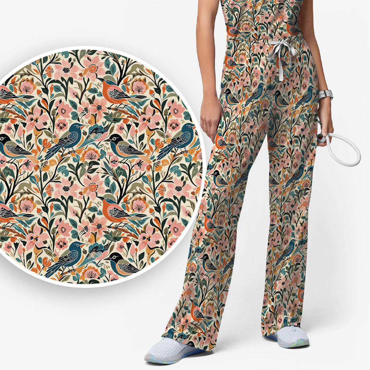 Folk Art Songbird Floral Nurse Scrub Set