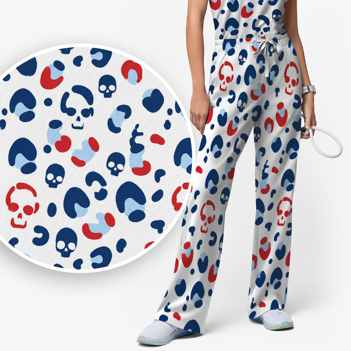 Red Blue Skull Leopard Nurse Scrub Set