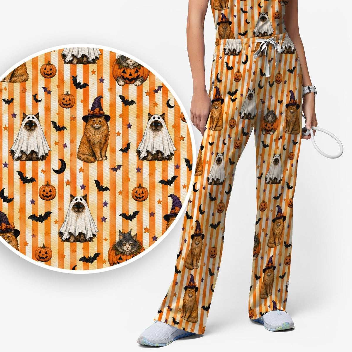 Cat Print Nurse Scrub Set - Halloween Gift