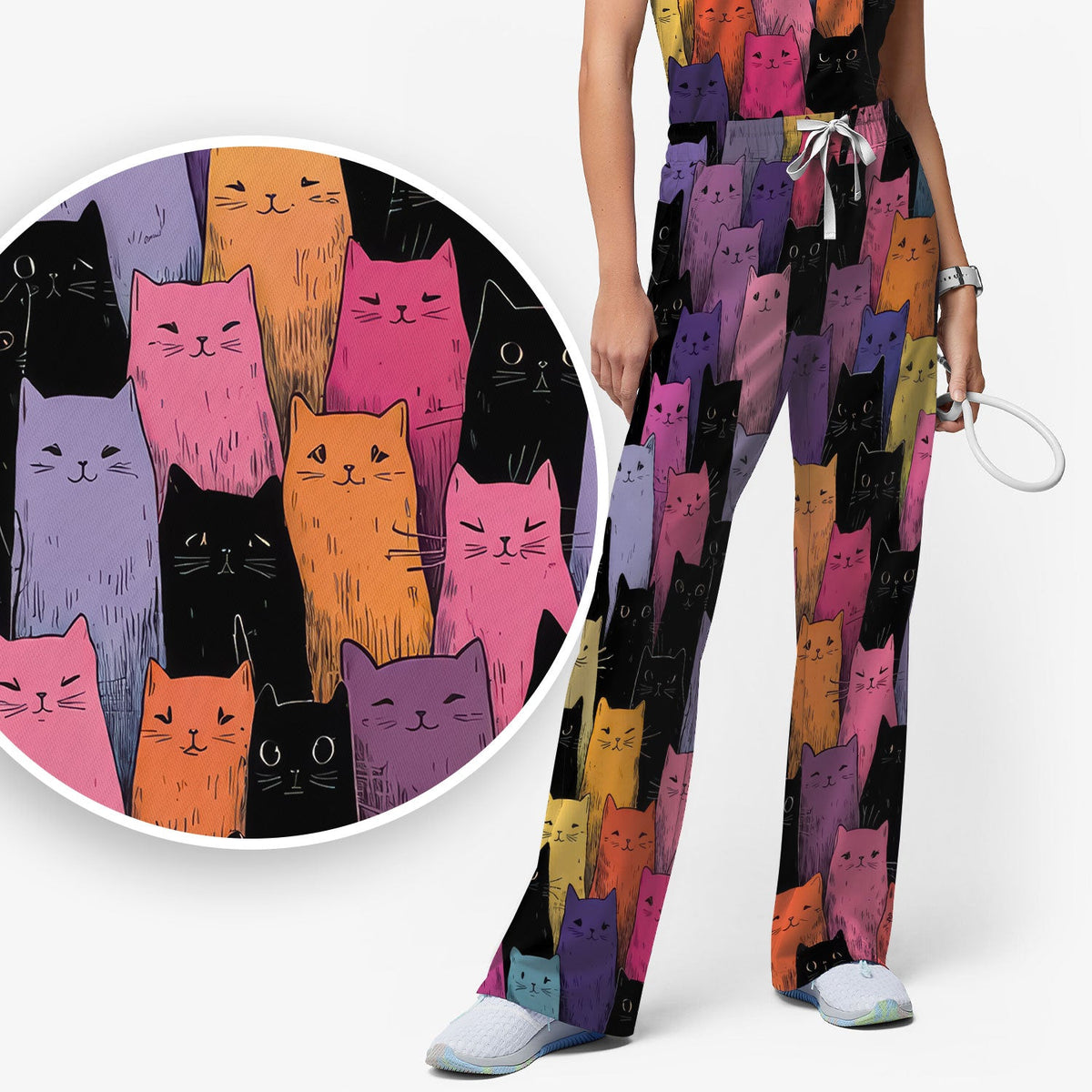 Colorful Cat Art Nurse Scrub Set