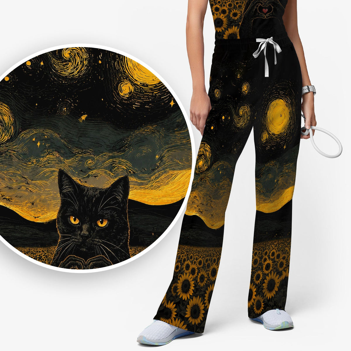 Cute Black Cat Sunflower Night Nurse Scrub Set
