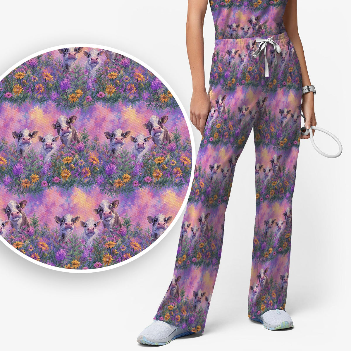 Pastel Cow Meadow Flower Nurse Scrub Set