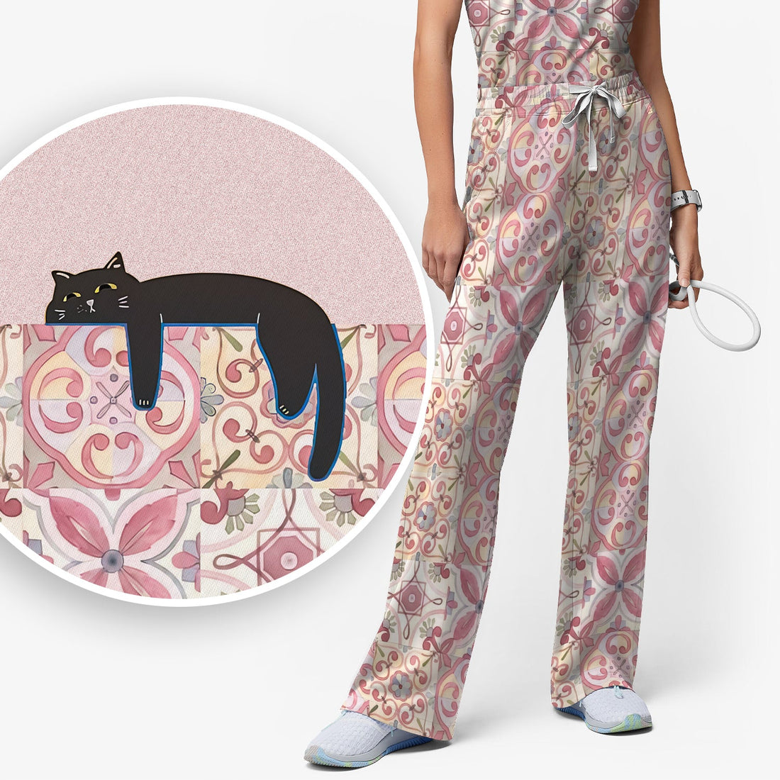 Personalized Pink Floral Black Cat Nurse Scrub Set