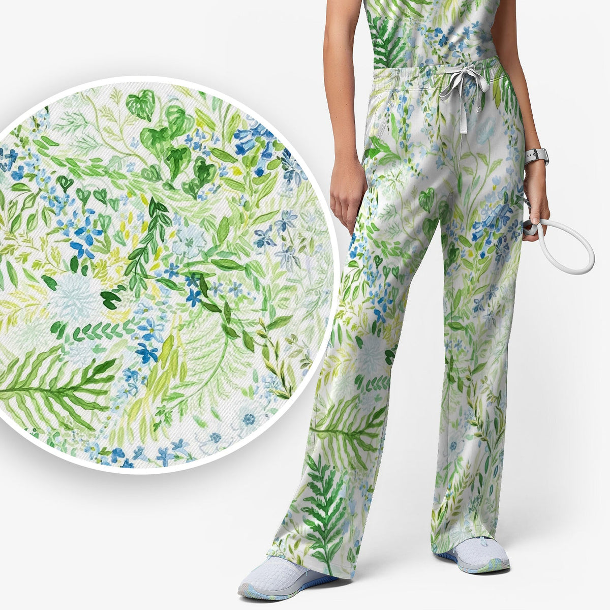 Green Botanical Floral Nurse Scrub Set