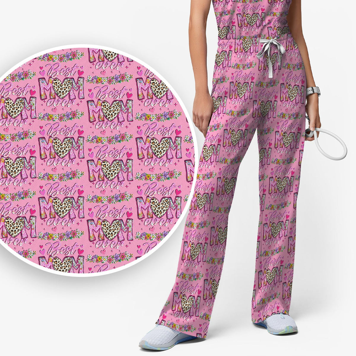 Best Mom Ever Leopard Heart Nurse Scrub Set