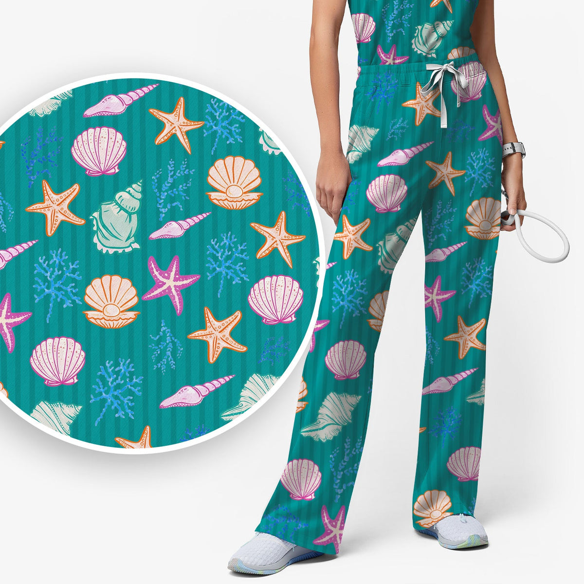 Colorful Seashell Starfish Ocean Stripe Nurse Scrub Set